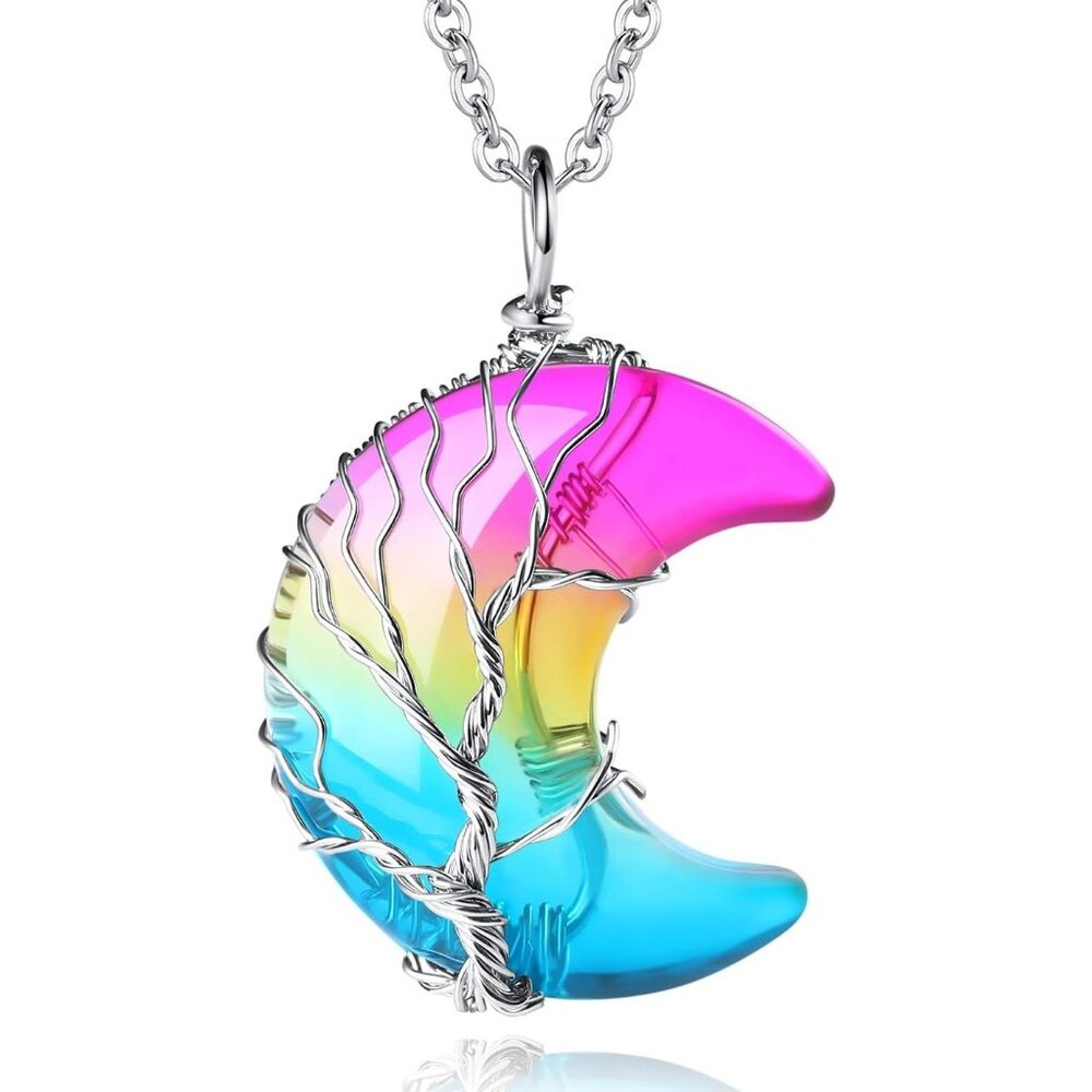 Womens Rainbow Natural Crystal Moon Crescent Tree Wire Wrapped Gemstone Necklace